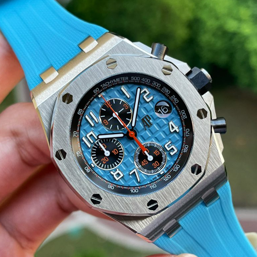 오데마피게 로얄오크 오프쇼어 크노로그래프 블루 다이얼 SS 블루 러버 스트랩 42mm 26238TI