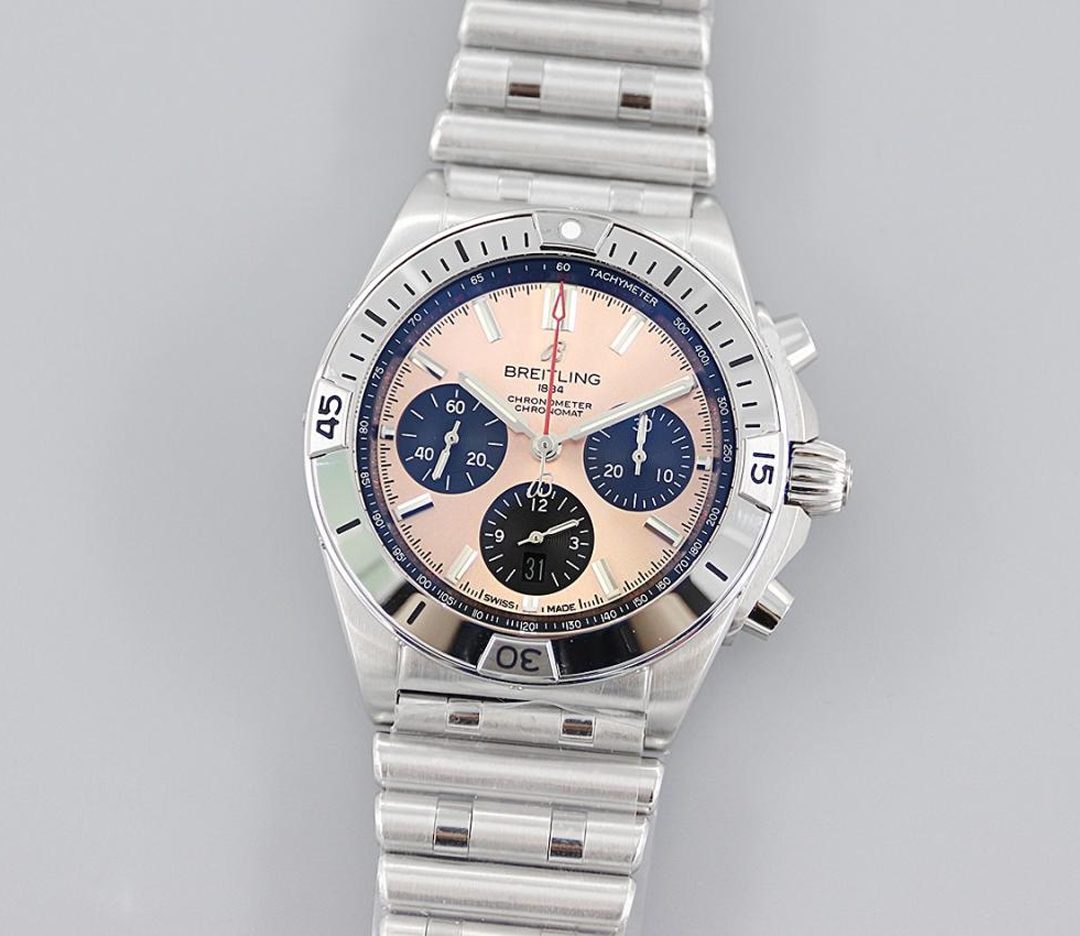 브라이틀링 크로노그래프 크로노맷 핑크 다이얼 스틸 SS 브레이슬릿 42mm AB0134101K1A1