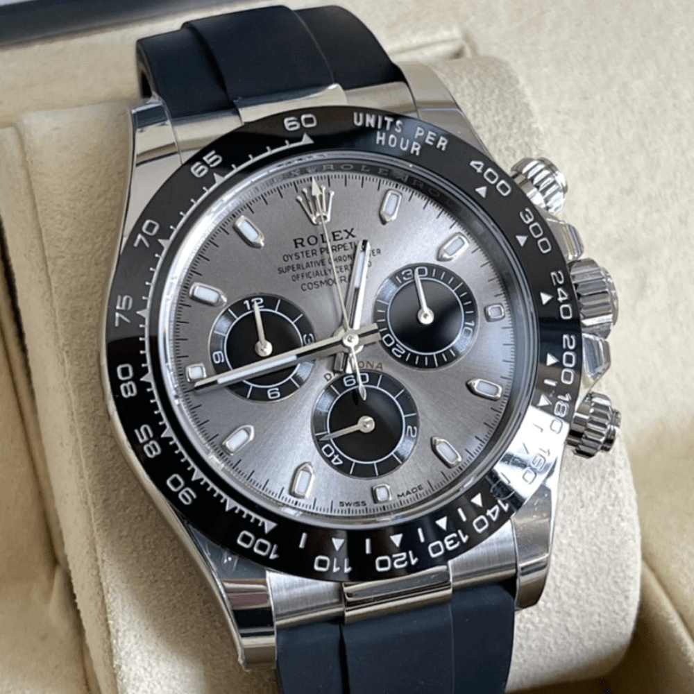 롤렉스 데이토나 크로노그래프 그레이 다이얼 인덱스바 세라믹베젤 러버밴드 40mm 116519