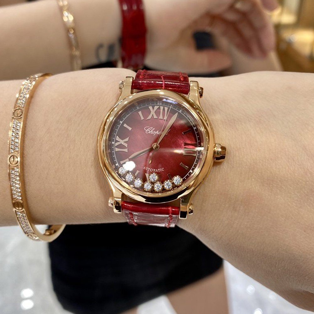 쇼파드 해피 스포츠 다이아몬드 로즈골드 레더 스트랩 33mm 275378-5005