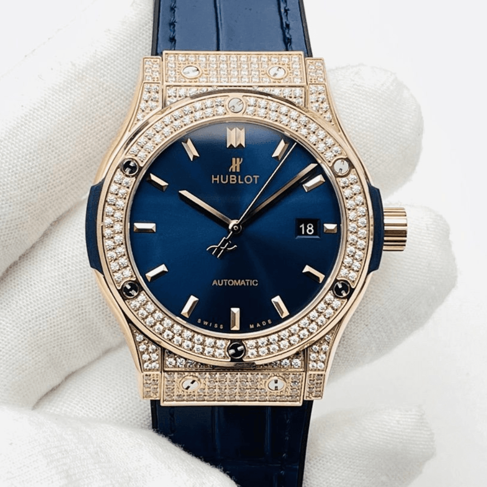 위블로 클래식 퓨전 블루 다이얼 풀다이아 로즈골드 금통 가죽 스트랩 38mm/42mm 542.OX.7180.RX