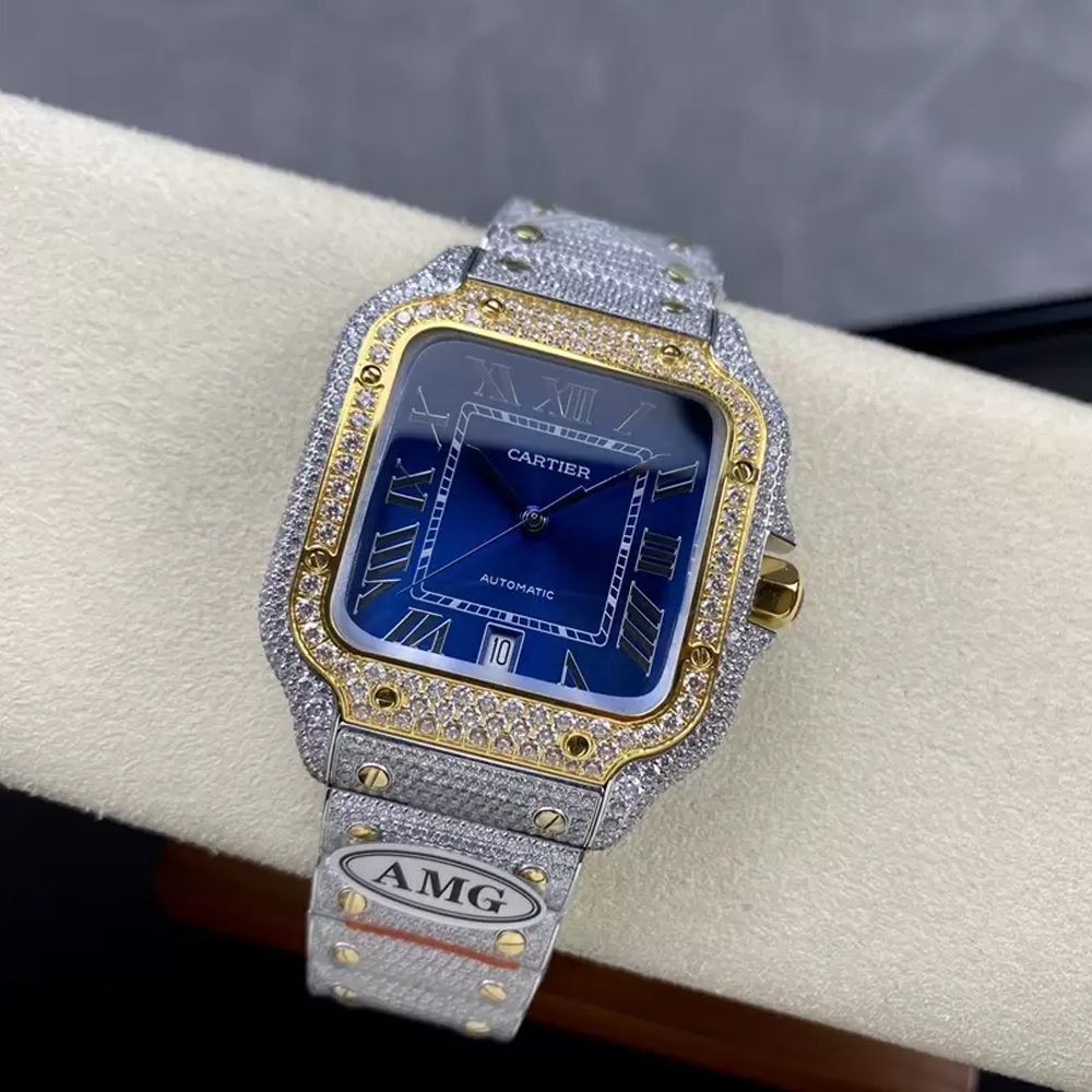 까르띠에 산토스 버스트다운 블루 다이얼 로즈골드 콤비 40mm