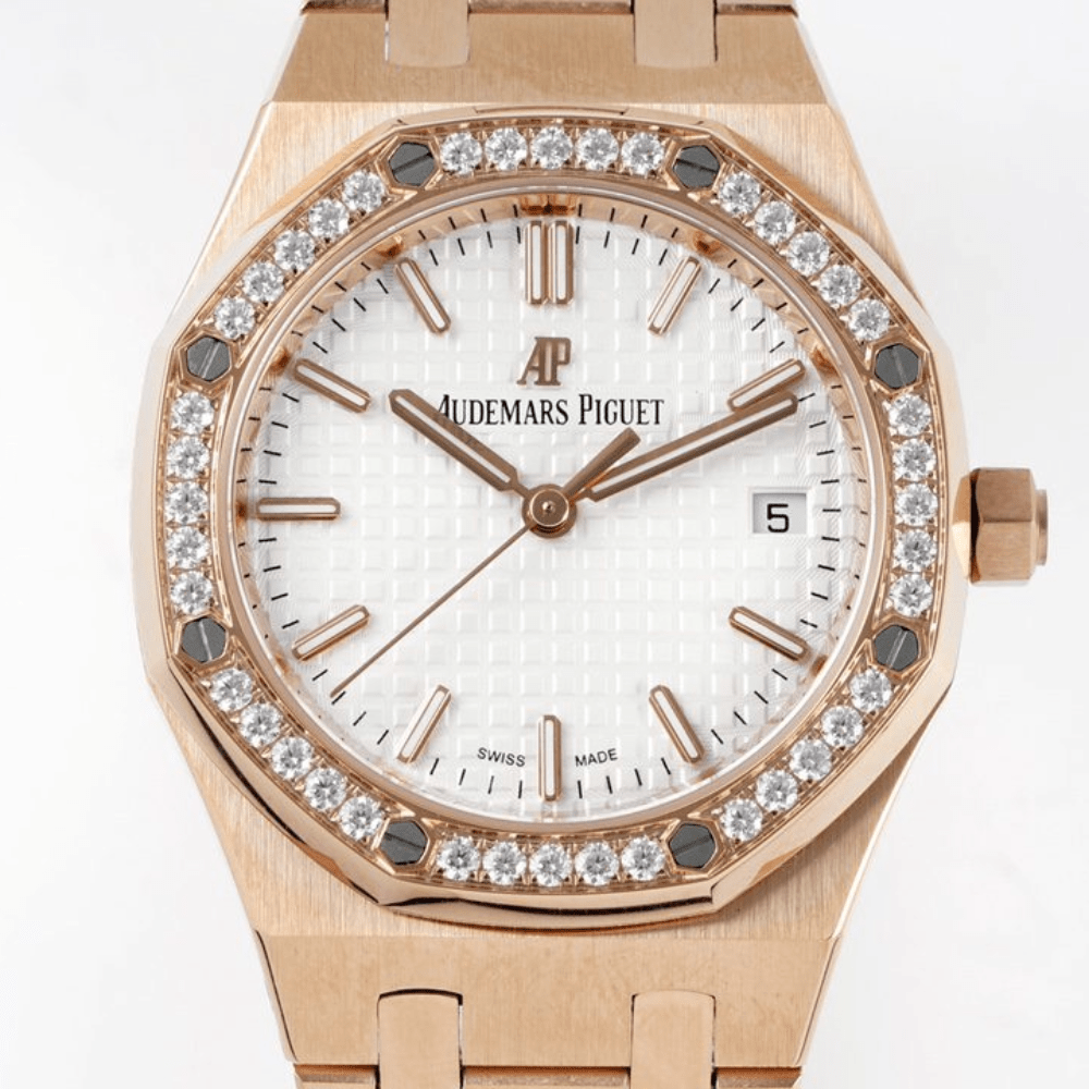 오데마피게 로얄오크 레이디 화이트 다이얼 다이아베젤 로즈골드 금통 34mm 77351OR