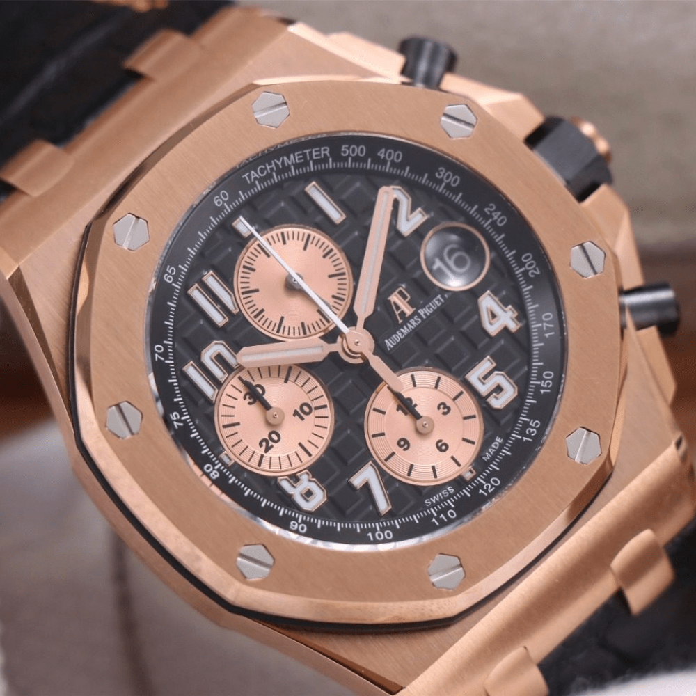 오데마피게 로얄오크 오프쇼어 크로노그래프 블랙다이얼 세라믹 로즈골드 금통 가죽 스트랩 42mm 26470OR