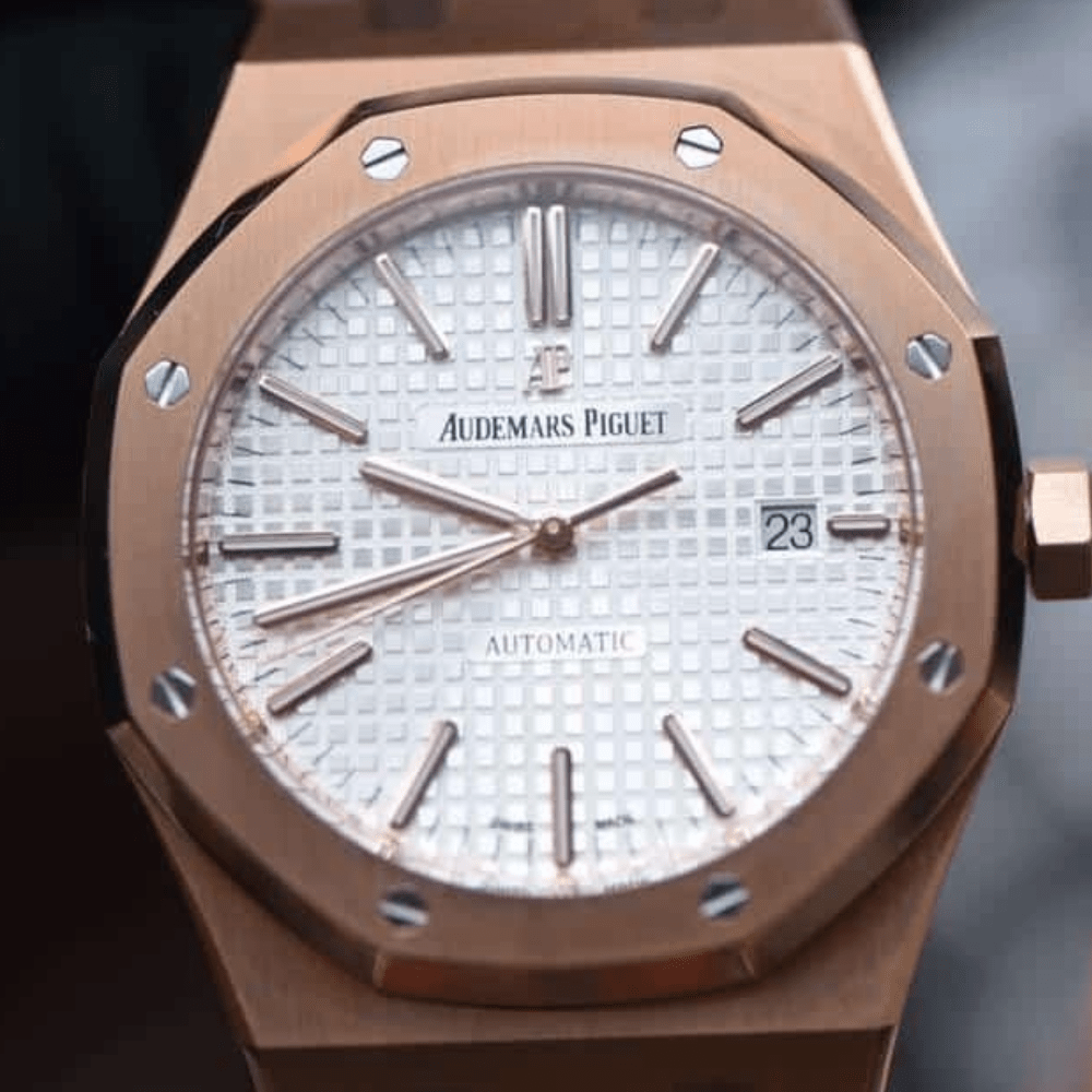 오데마피게 로얄오크 화이트 다이얼 로즈골드 가죽 스트랩 41mm 15400OR