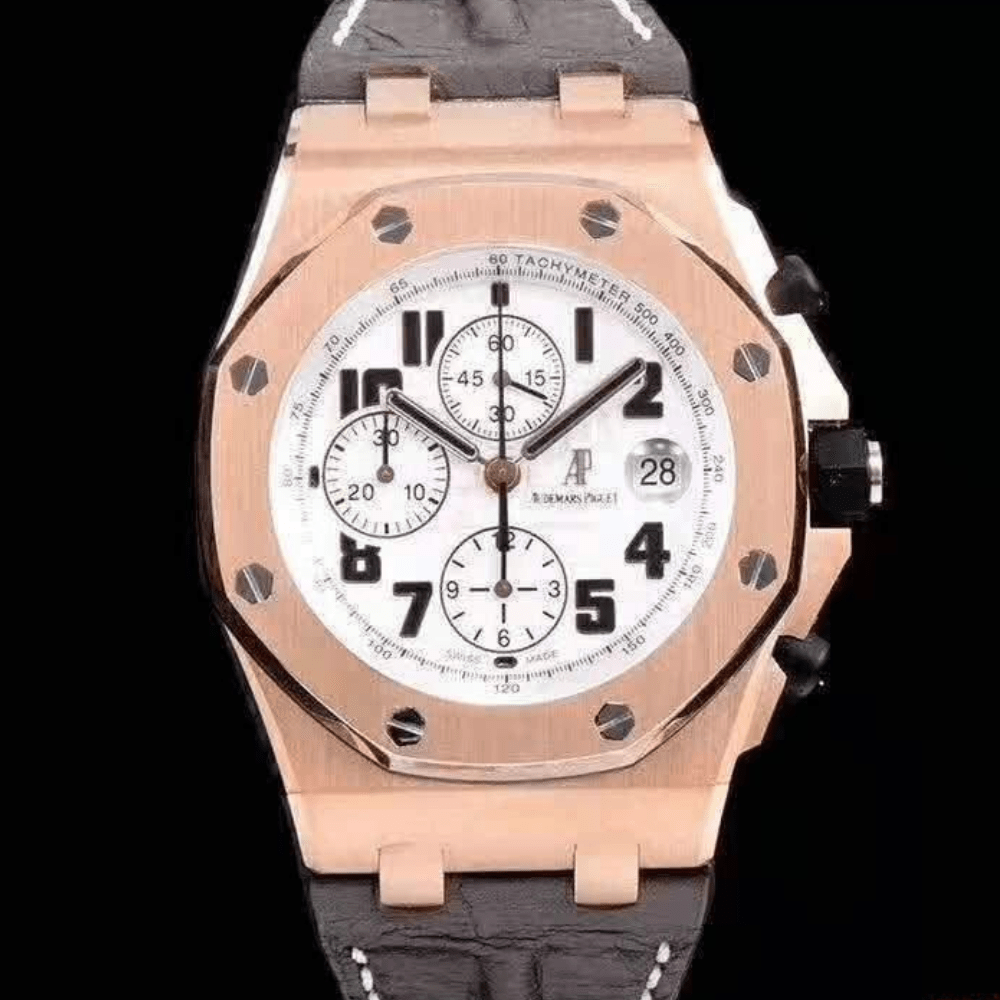 오데마피게 로얄오크 오프쇼어 화이트 다이얼 로즈골드 가죽 스트랩 42mm 26170ST