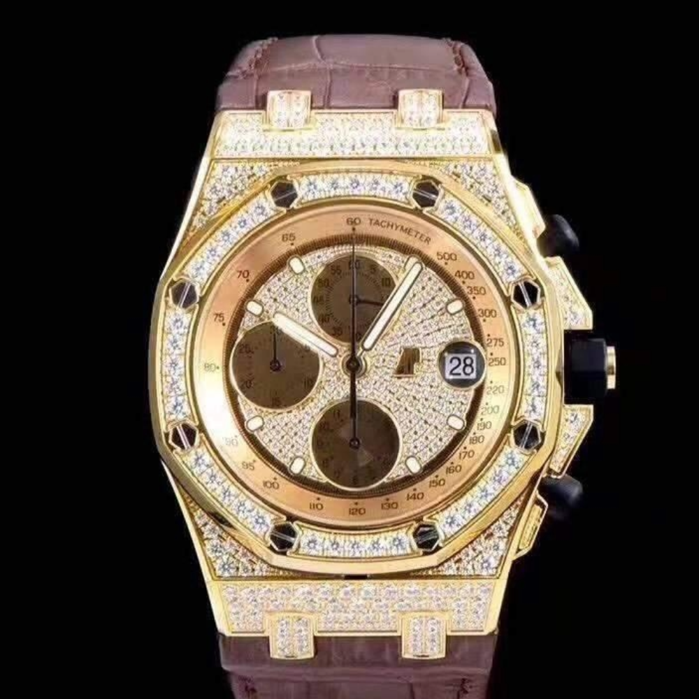 오데마피게 로얄오크 옐로우골드 풀다이아 가죽 스트랩 42mm 26067