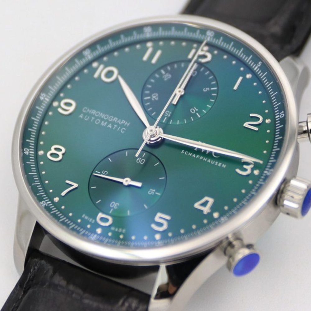 IWC 포르투기저 크로노그래프 스틸 그린 다이얼 레더 스트랩 41mm IW371615