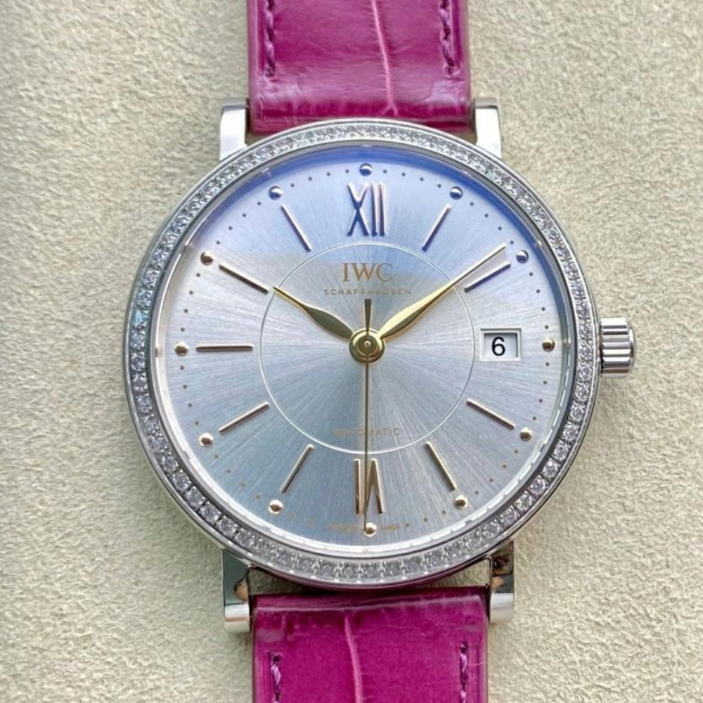 IWC 포르토피노 레이디 다이아베젤 실버 그레이 다이얼 레더 스트랩 37mm IW458112