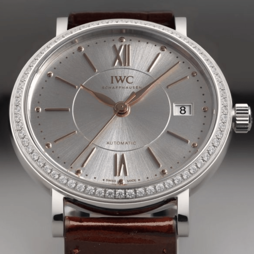 IWC 포르토피노 레이디 다이아베젤 실버 화이트 다이얼 레더 스트랩 37mm IW458103