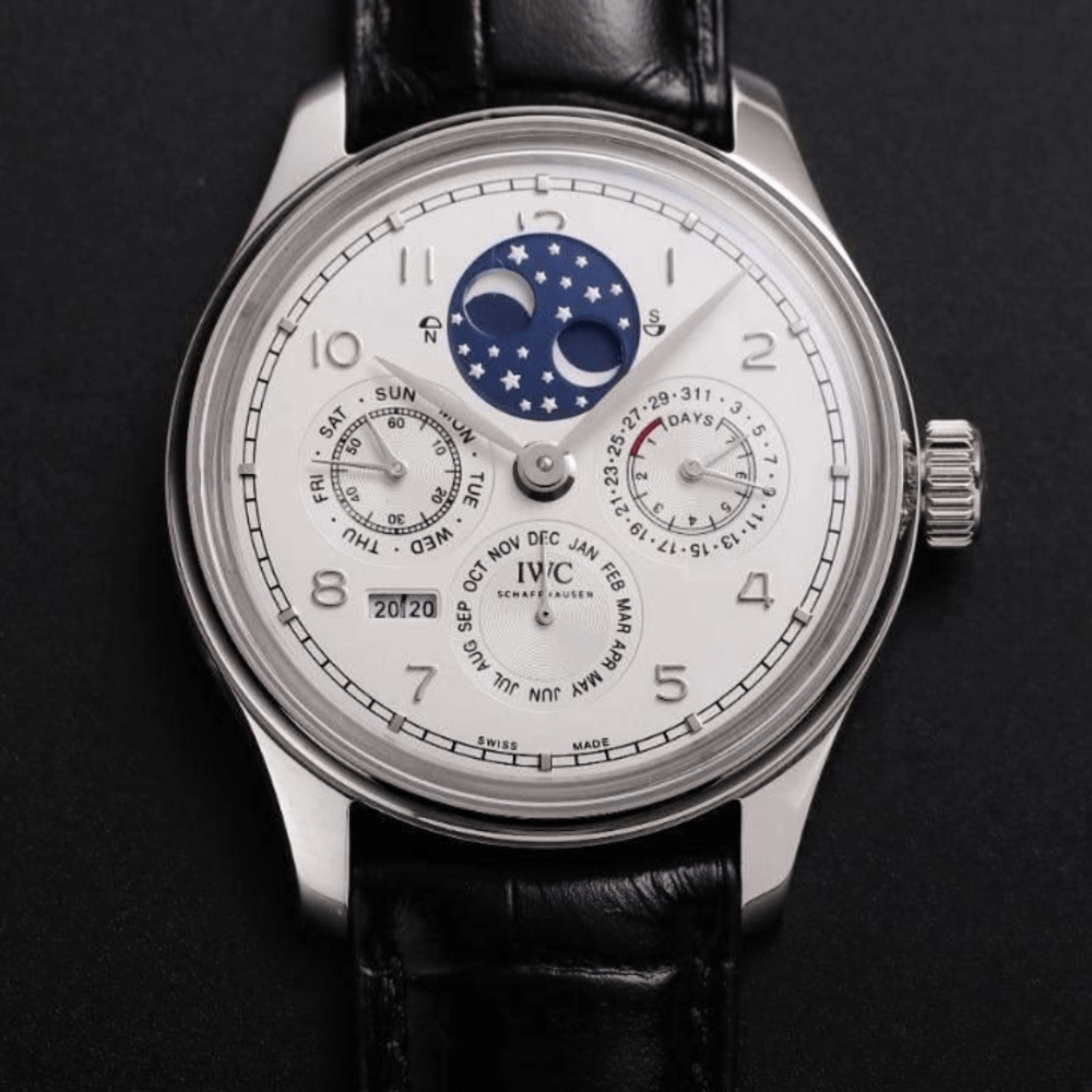 IWC 포르투기저 퍼페츄얼 문페이즈 애뉴얼 캘린더 화이트 다이얼 레더 스트랩 41mm IW503406