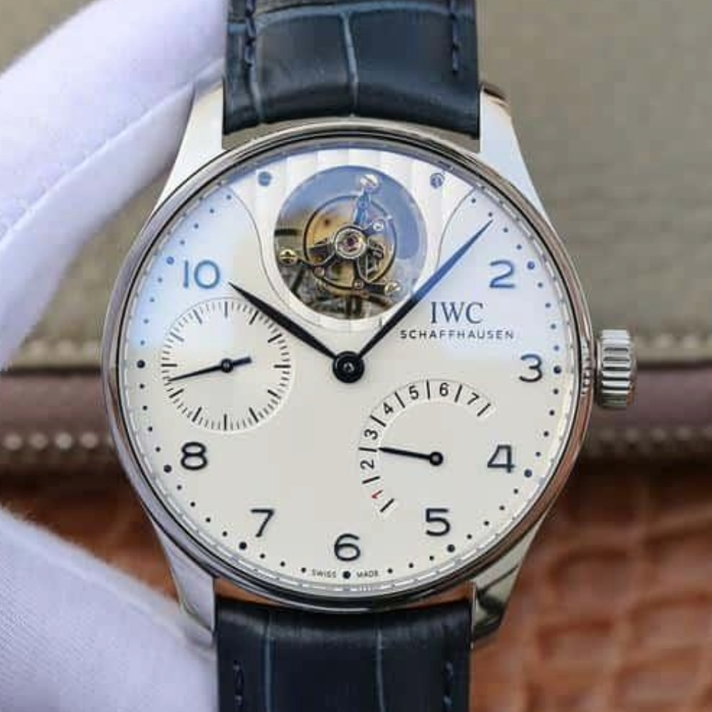 IWC 포르투기저 레트로그레이드 투르비옹 화이트 다이얼 레더 스트랩 44mm IW504202