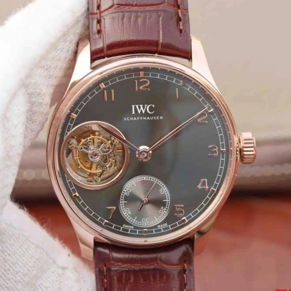 IWC 포르투기저 투르비옹 오토매틱 로즈골드 그레이 다이얼 레더 스트랩 42mm IW546302