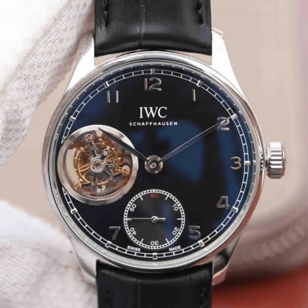 IWC 포르투기저 투르비옹 오토매틱 스틸 블랙 다이얼 레더 스트랩 42mm IW546302