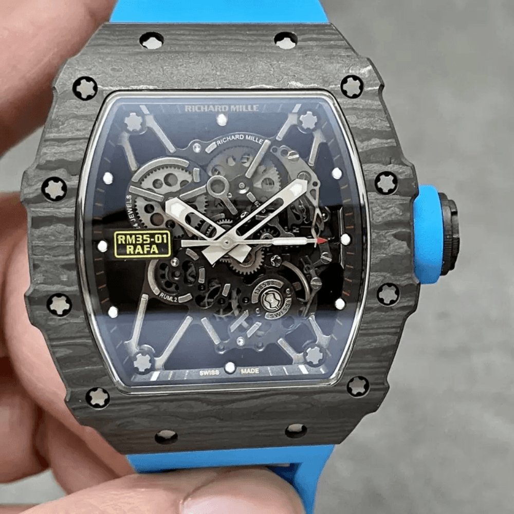리차드밀 블랙 카본 스켈레톤 다이얼 블루 러버 스트랩 RM35-01