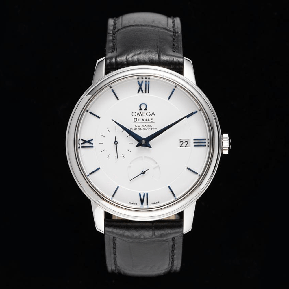 오메가 드빌 화이트 다이얼 드레스 워치 가죽 스트랩 424.53.40.21.04.001