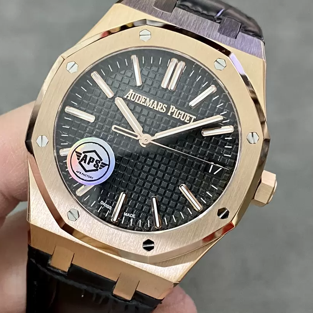 오데마피게 로얄오크 50주년 한정판 블랙 텍스처 다이얼 로즈골드 블랙 가죽스트랩 41mm 15510OR