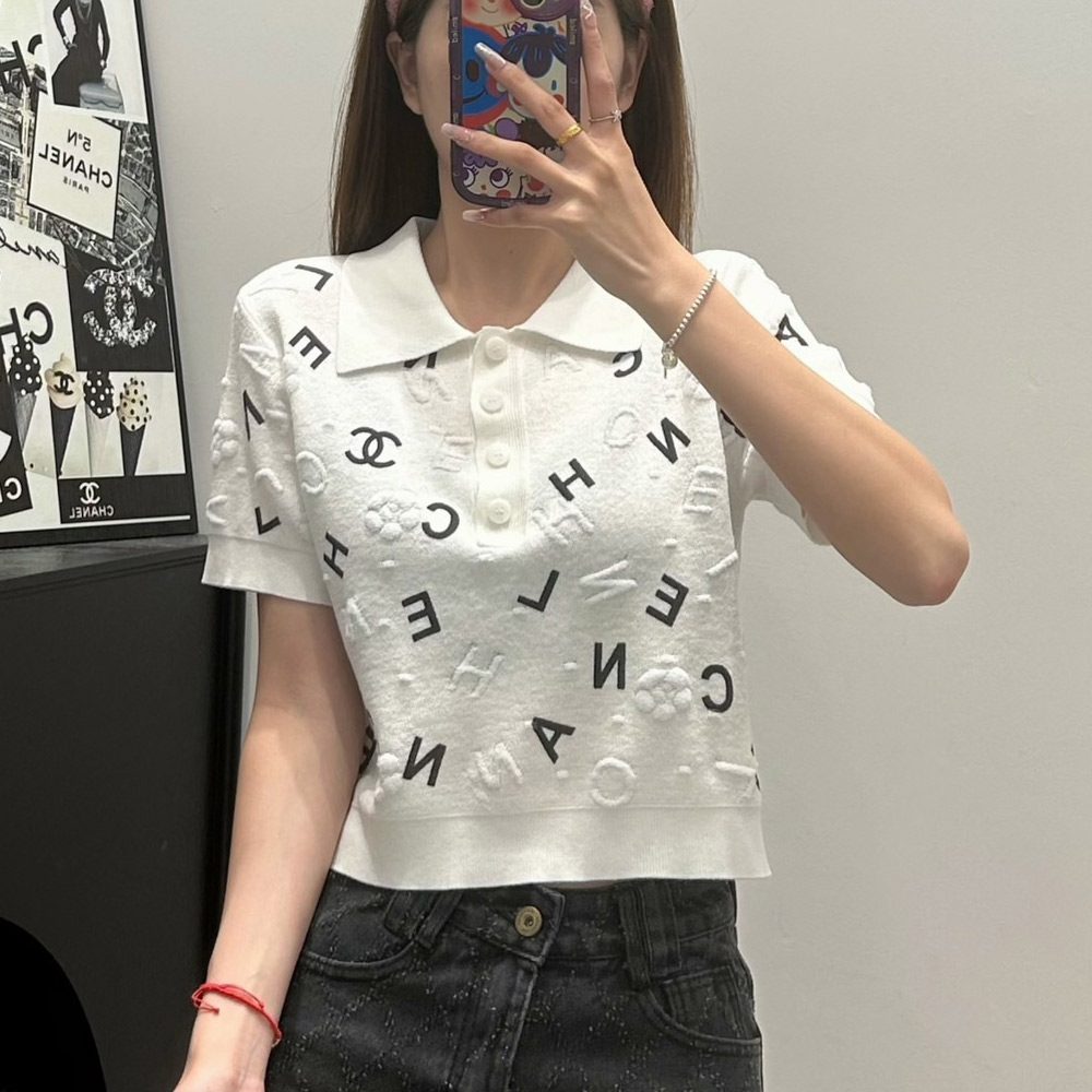 샤넬 24SS 자카드 폴로 니트 반팔 화이트