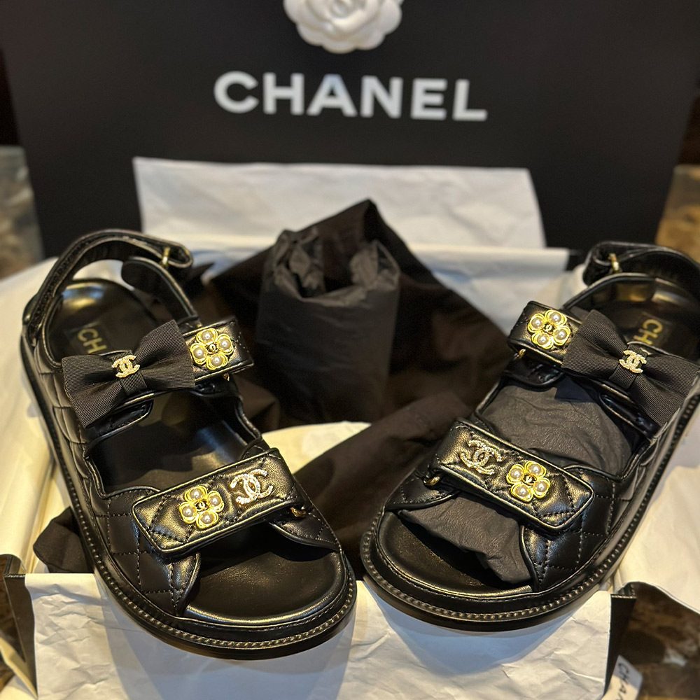 샤넬 진주 리본 비치 샌들