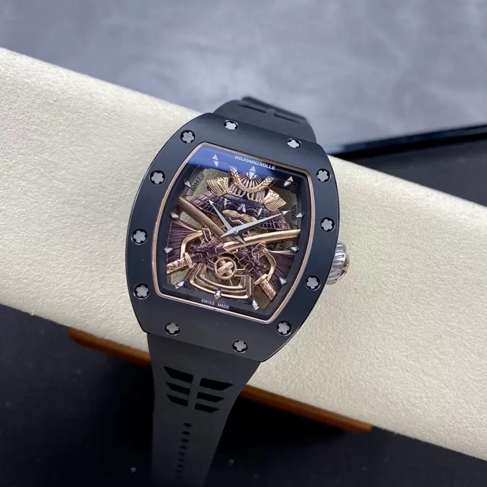 리차드밀 투르비옹 사무라이 블랙 세라믹 스켈레톤 다이얼 블랙 러버 스트랩 RM047