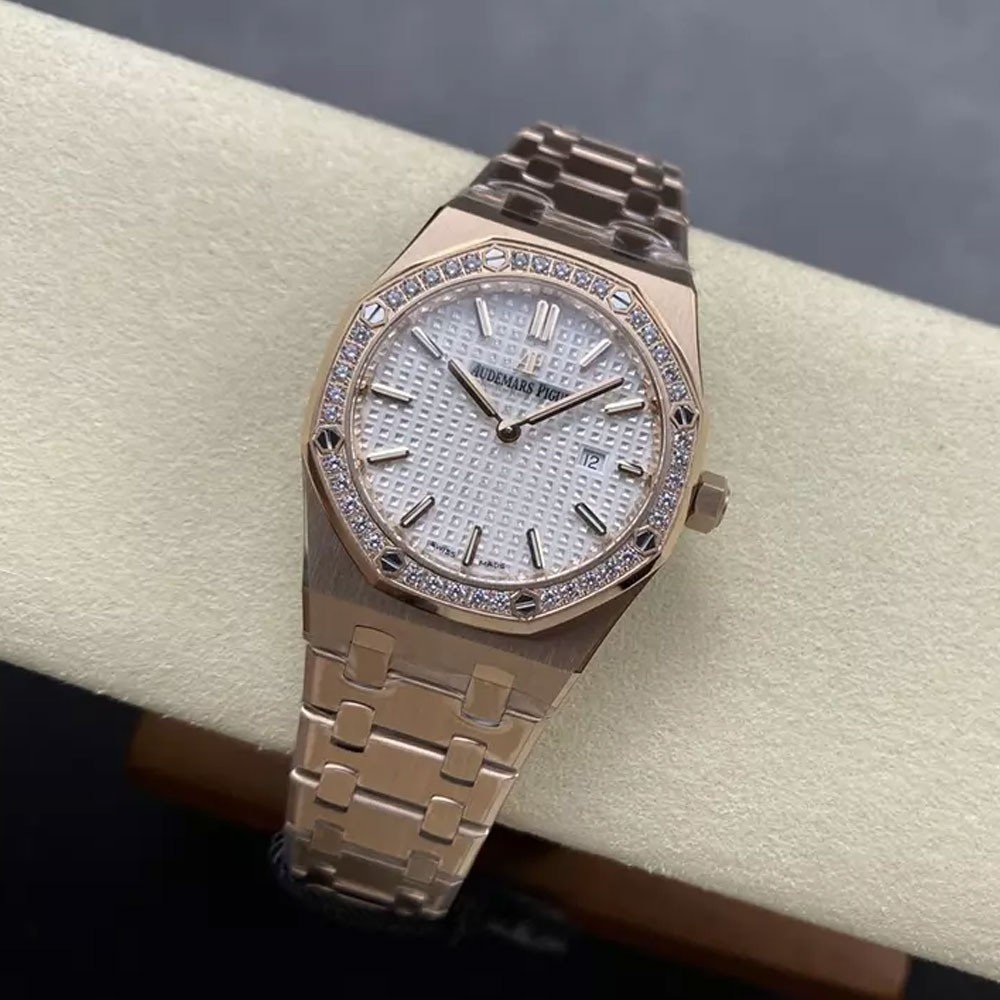 오데마피게 레이디 로얄오크 화이트 다이얼 다이아베젤 로즈골드 금통 33mm 여성용 67651