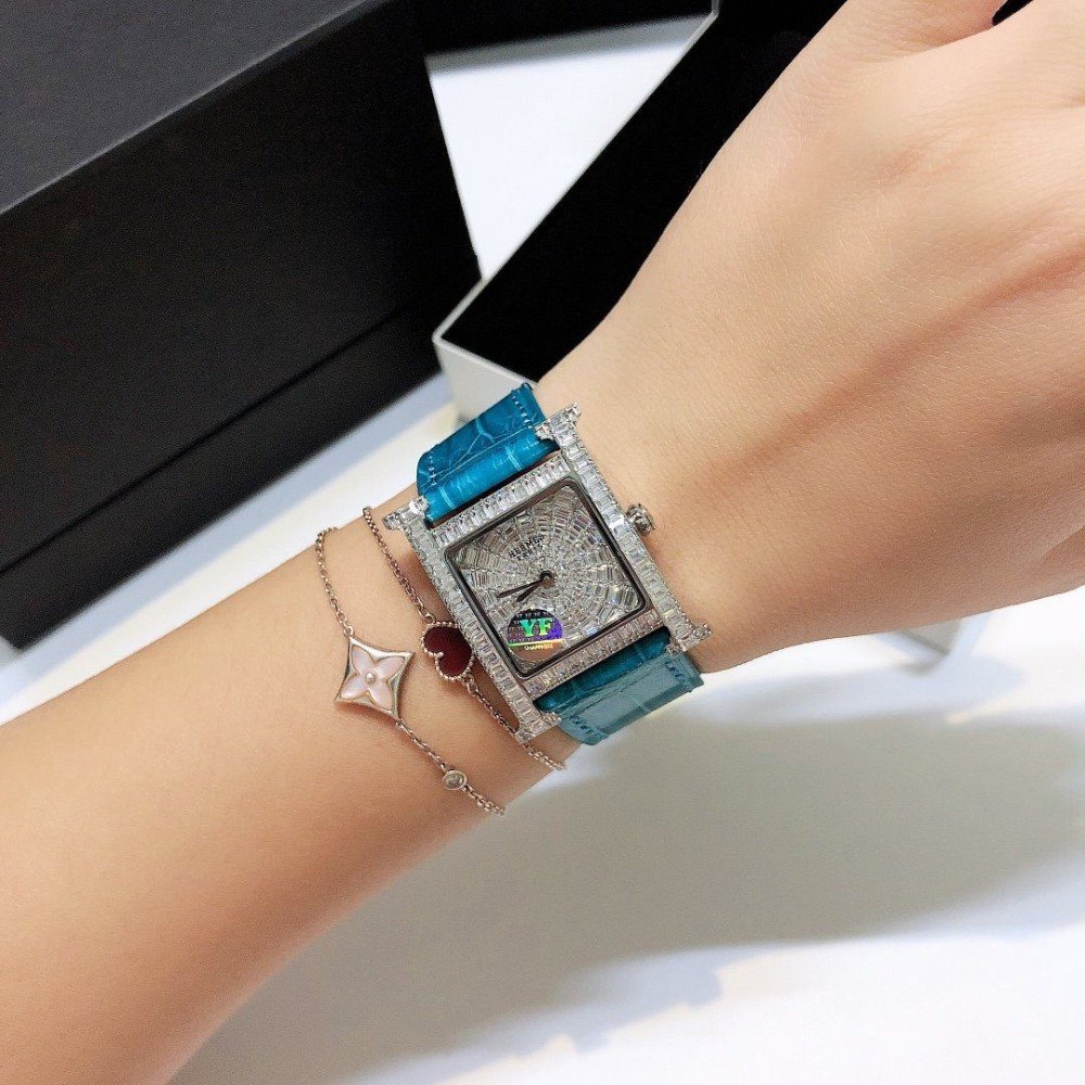 에르메스 H HOUR 시리즈 여성용 벨트시계[풀 다이아몬드] 레더 스트랩 26mm