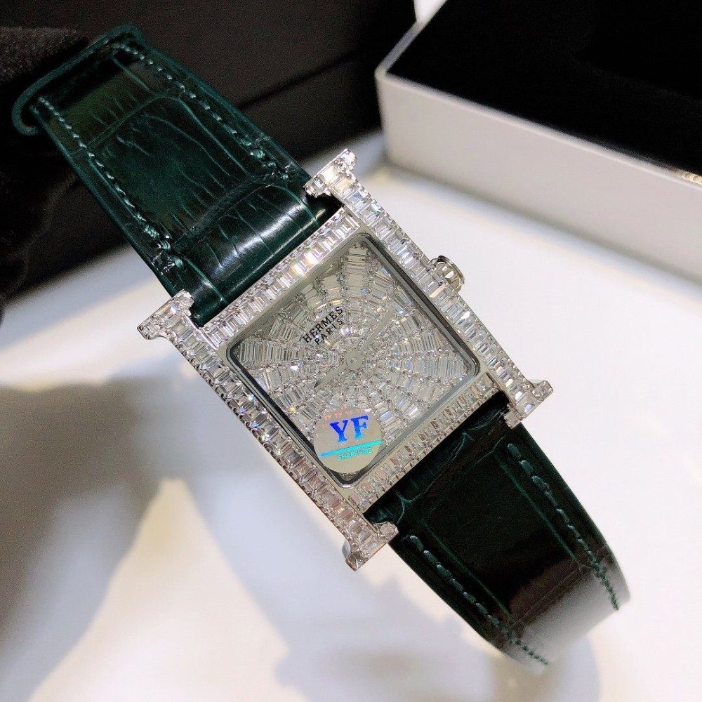 에르메스 H HOUR 시리즈 여성용 벨트시계[풀 다이아몬드] 레더 스트랩 26mm