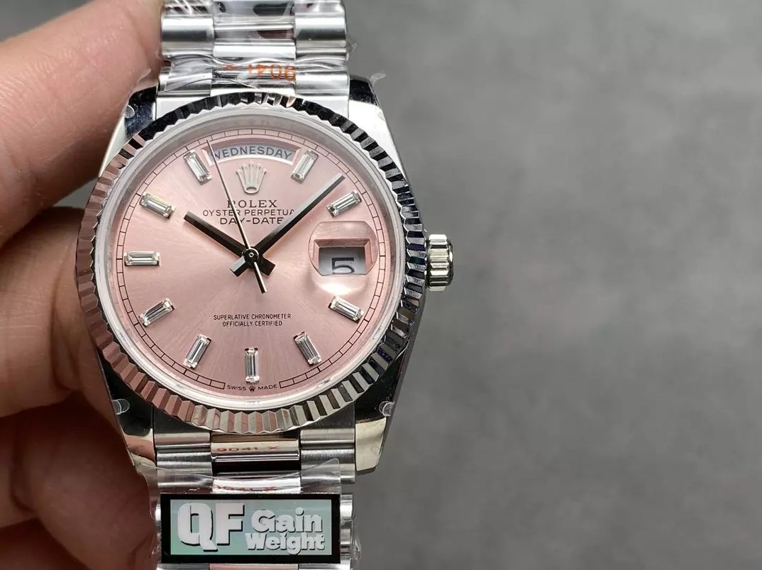 롤렉스 데이데이트 핑크 다이얼 바게트다이아 SS 브레이슬릿 36mm 128236