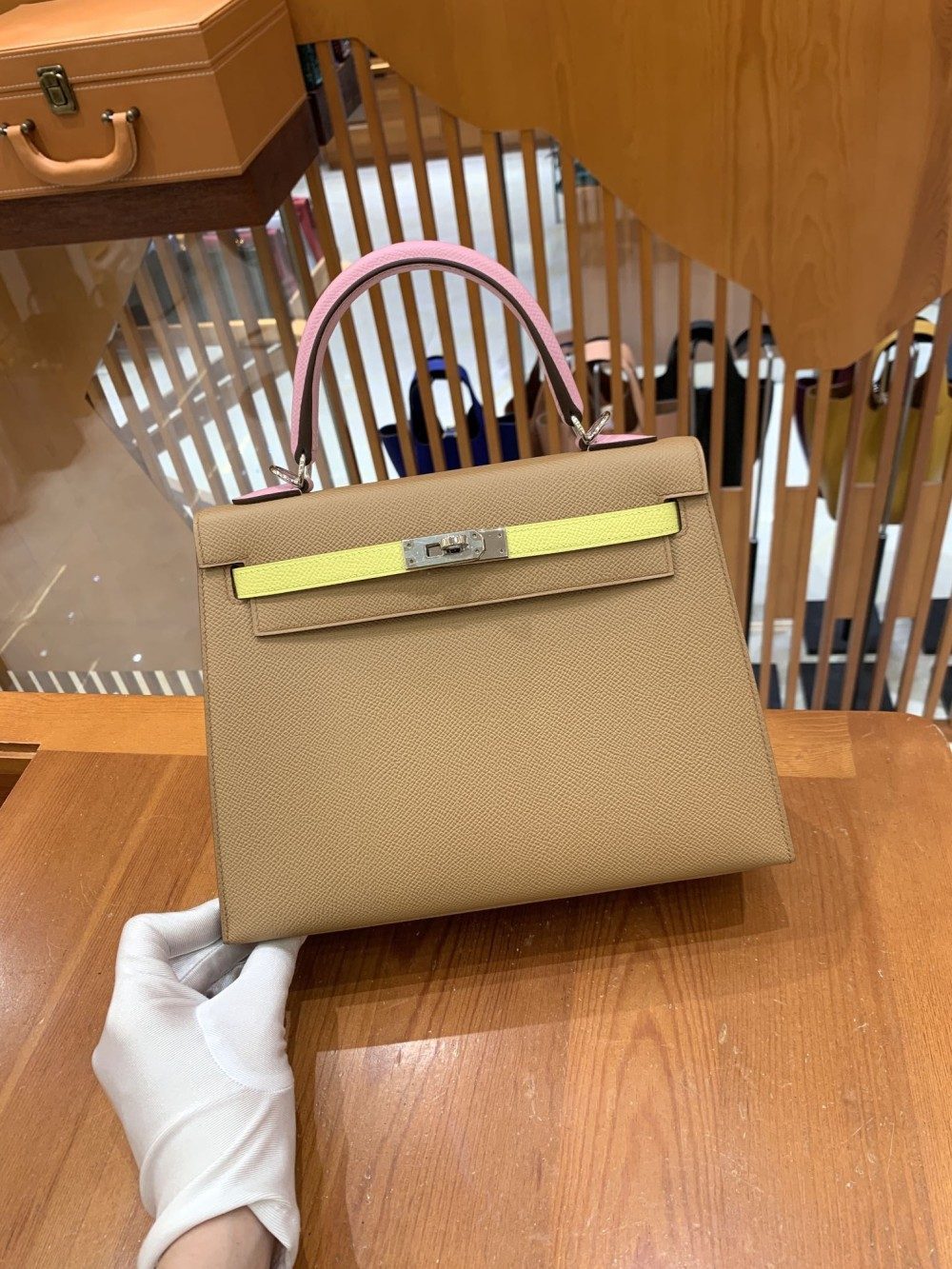 올수공 에르메스 켈리 25 엡송 밀크티 핑크 3색 조합 실버 버클