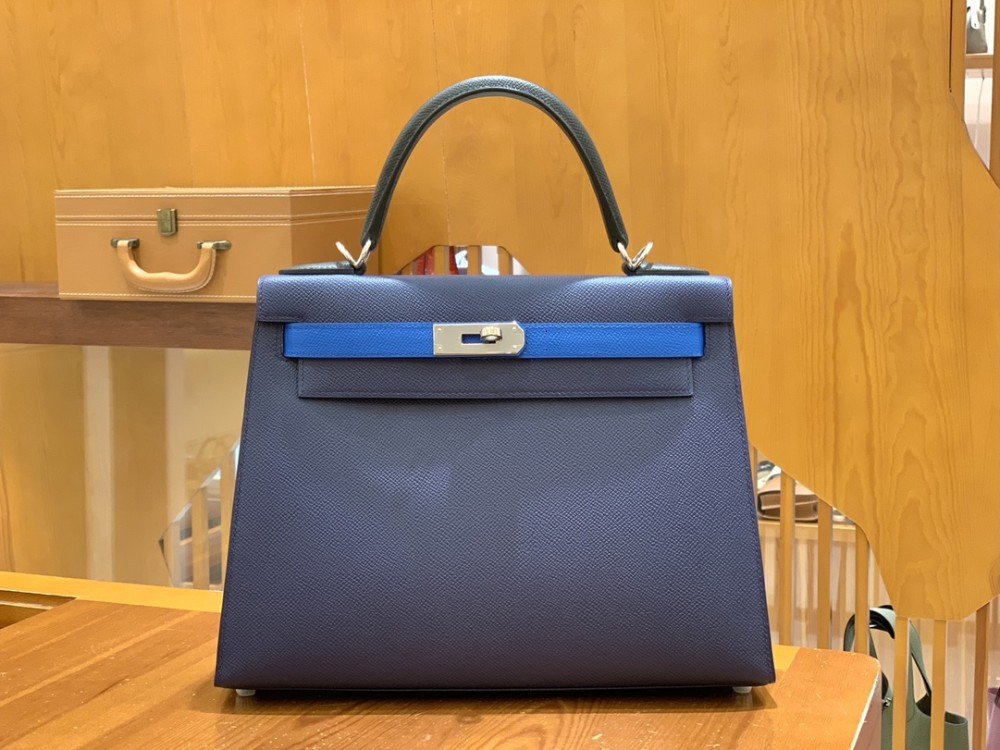 올수공 에르메스 켈리 28 엡송 사파이어블루 3색조합 (사파이어블루/블랙/이즈미르블루) 실버 버클
