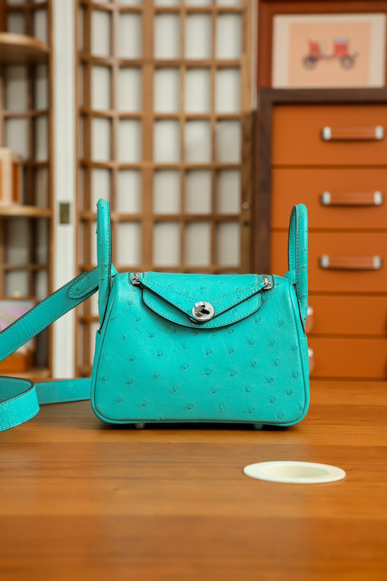 올수공 에르메스 린디백 미니 티파니 블루 타조가죽 팔라듐 하드웨어