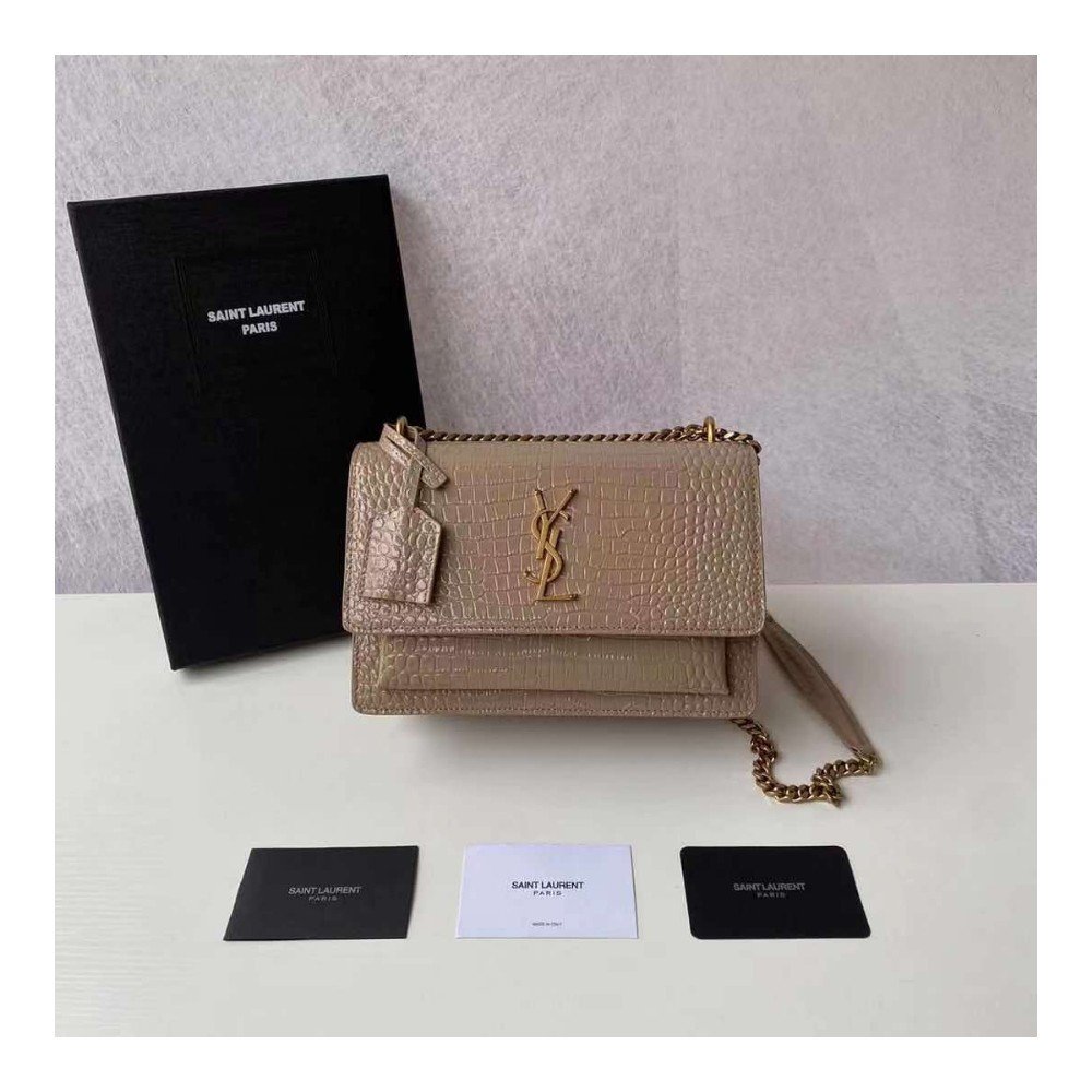 생로랑 크로커다일 엠보스드 샤이니 가죽 SUNSET 미디엄백