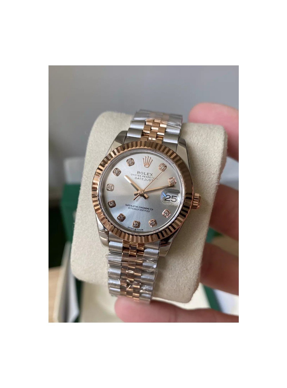 롤렉스 여성용 데이저스트 실버 다이아몬드 다이얼 콤비 SS/RG 31mm 278271
