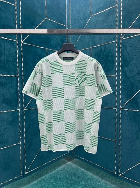 루이비통 화이트 그린 다미에 슬리브 크루넥 니트 반팔