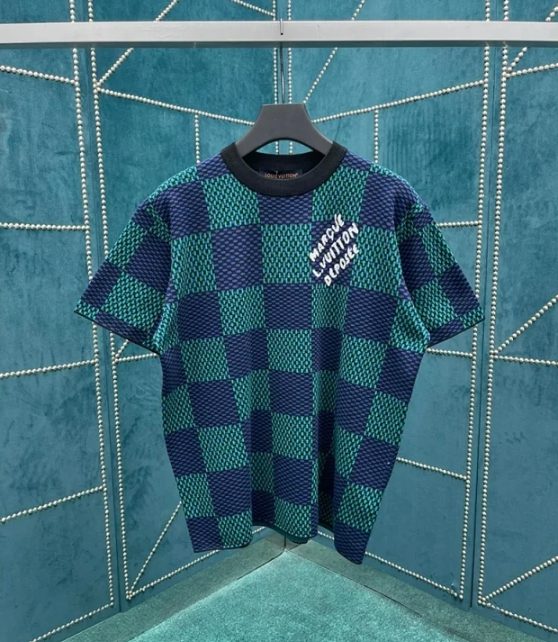 루이비통 그린 블루 다미에 슬리브 크루넥 니트 반팔