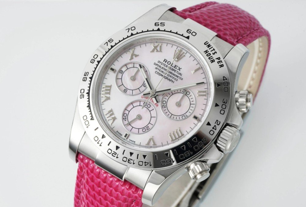 롤렉스 데이토나 비치 에디션 핑크 자개 로만 다이얼 가죽 스트랩 40mm 116519