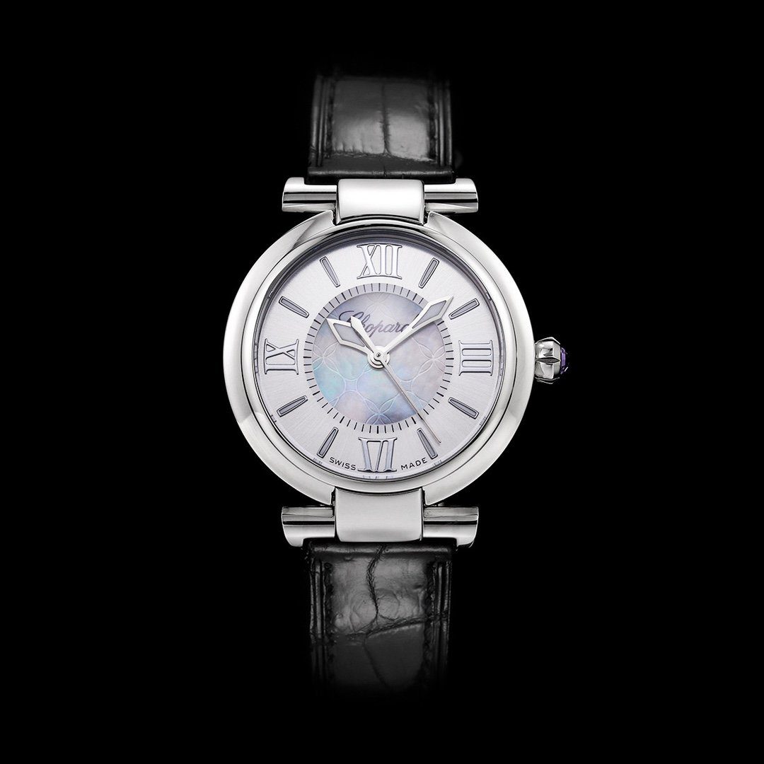 쇼파드 임페리알레 화이트 다이얼 스틸 레더 스트랩 29mm 388563-3001