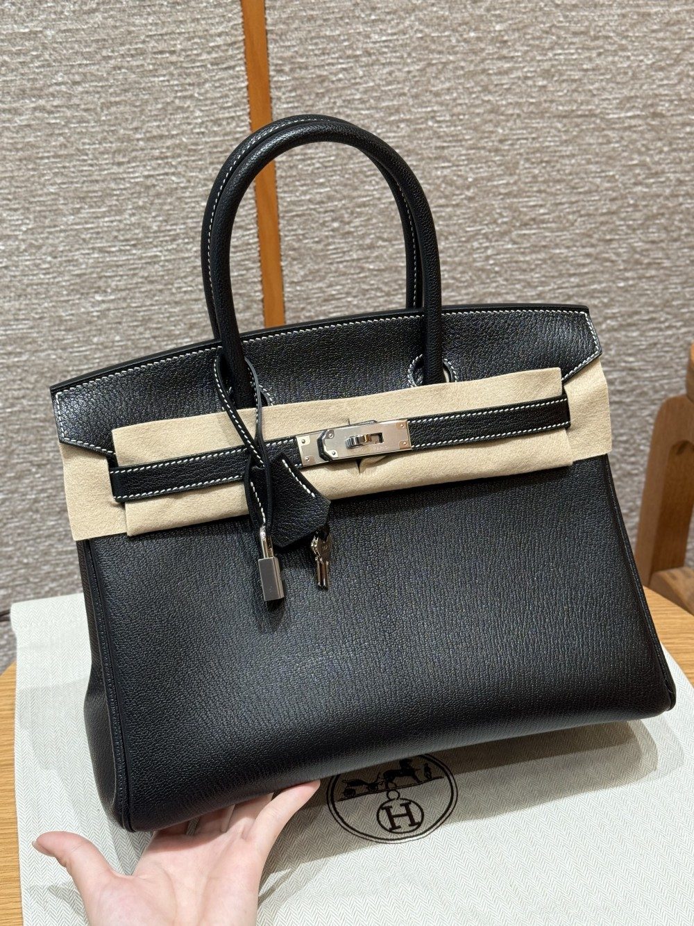 올수공 에르메스 버킨 30 Noir & Girs perle 쉐브르 가죽 실버 하드웨어